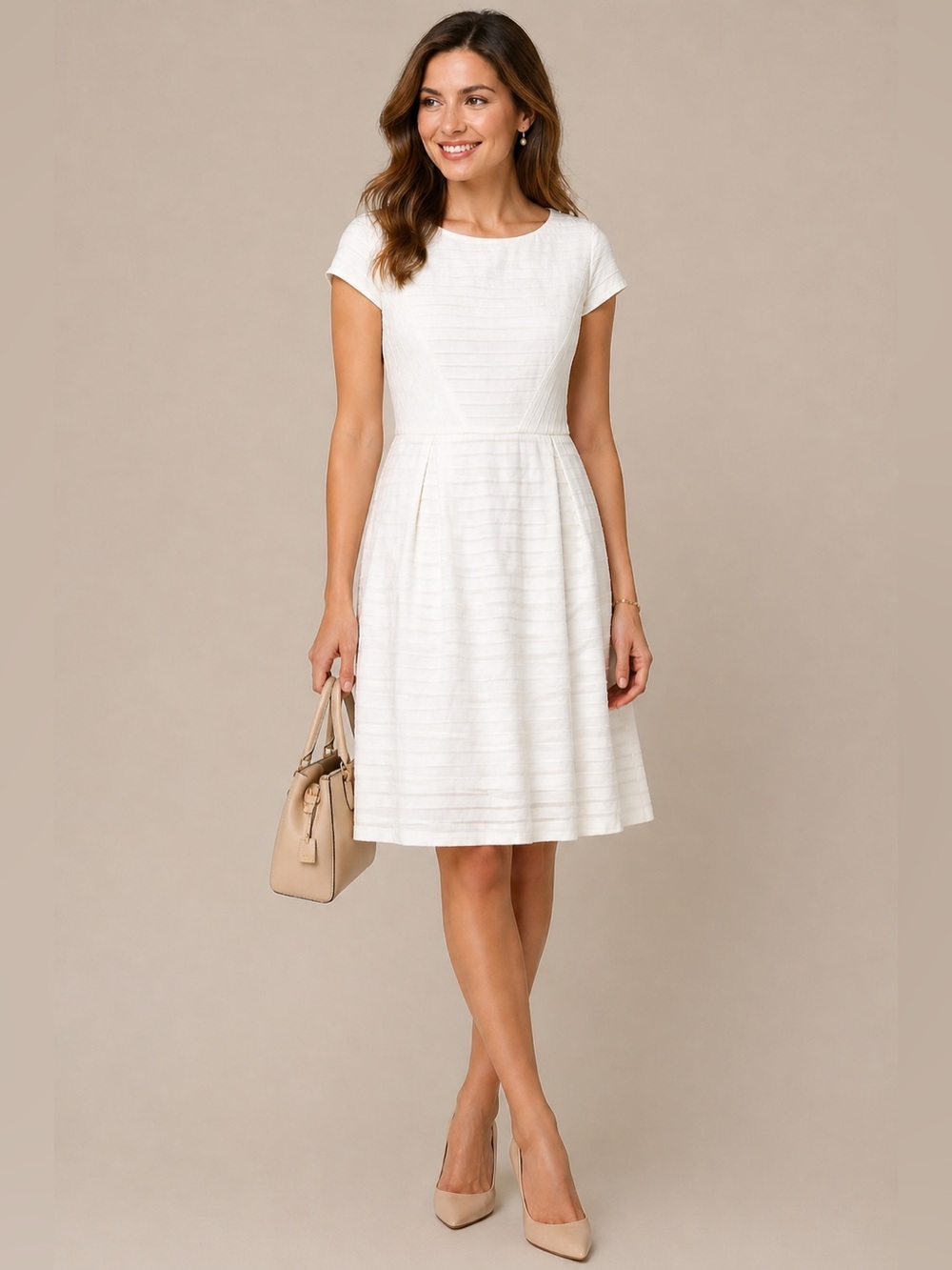 Anne Klein Ivory Sheer Stripe Career Office Fit & Flare Dress‎ Size 14